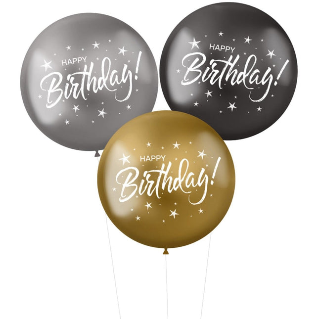Ballonnen Happy Birthday Zwart Zilver Goud 48cm 3st van Folat koop je bij Partywinkel