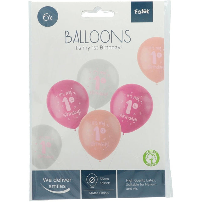 Ballonnen It'S My 1St Birthday Roze 33cm 6st van Folat koop je bij Partywinkel