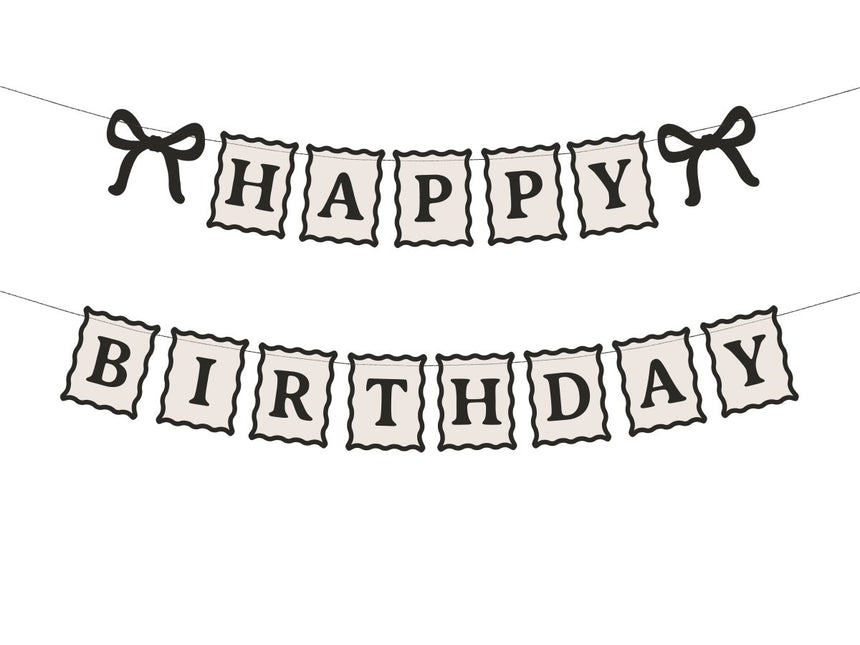 Banner Happy Birthday strikken, 100 cm, crème - zwart van Partydeco koop je bij Partywinkel