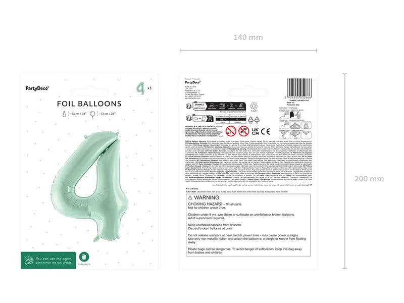 Globo Figura 4 Años Verde Menta Vacío 72cm