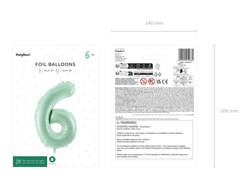 Globo Figura 6 Años Verde Menta Vacío 72cm