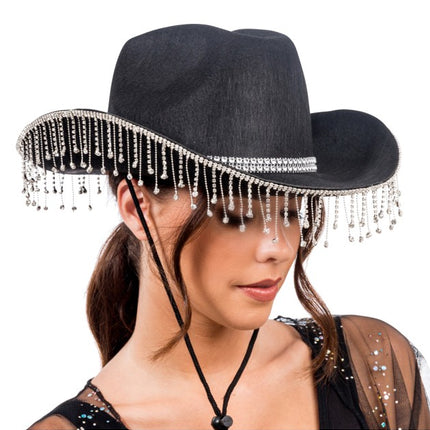 Sombrero de vaquero negro con pedrería colgante, talla única