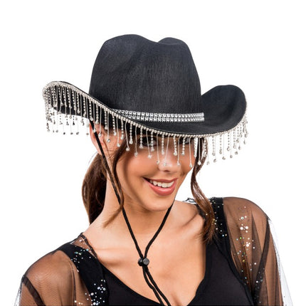 Sombrero de vaquero negro con pedrería colgante, talla única