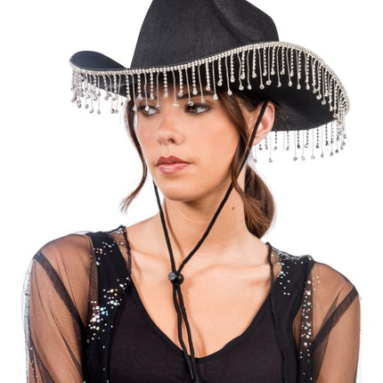 Sombrero de vaquero negro con pedrería colgante, talla única