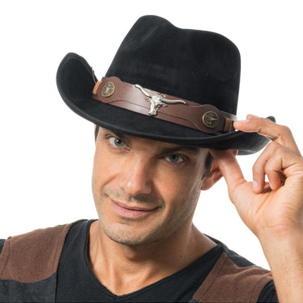 Sombrero de vaquero negro con cabeza de toro, talla única