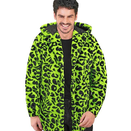 Bontjas Met Muts Pluche Luipaard Neon van Widmann koop je bij Partywinkel