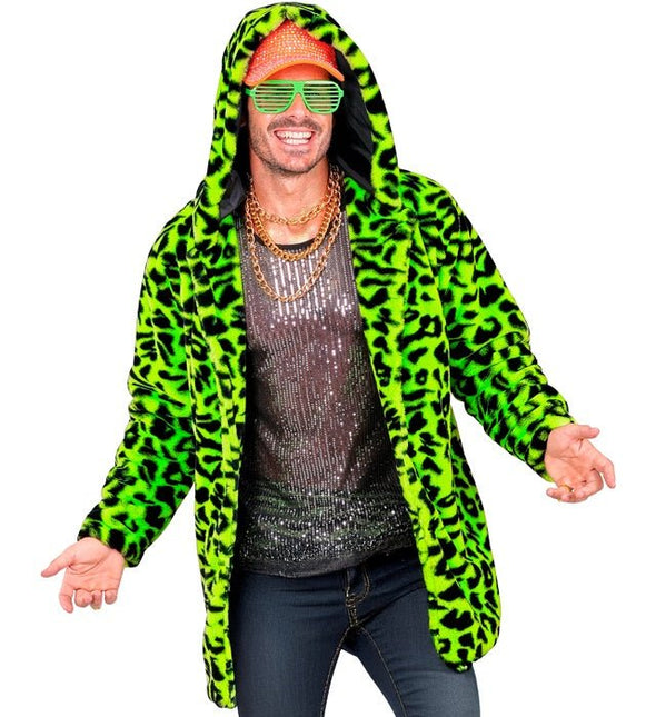 Bontjas Met Muts Pluche Luipaard Neon van Widmann koop je bij Partywinkel