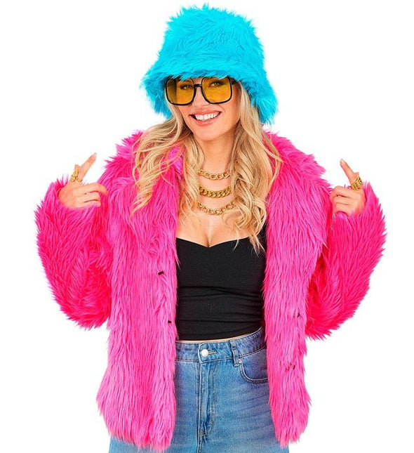 Bontjas Pluche Dames Neon Roze van Widmann koop je bij Partywinkel