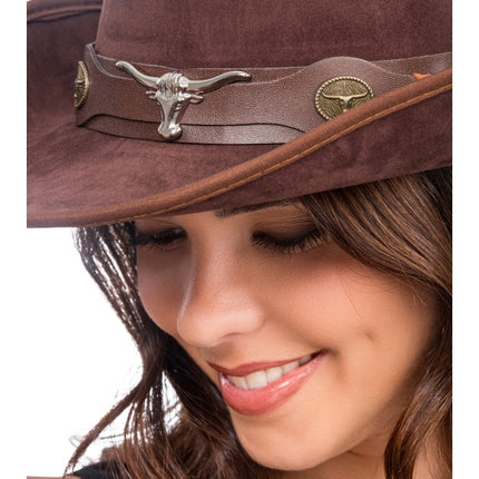 Sombrero de vaquero marrón con cabeza de toro, talla única