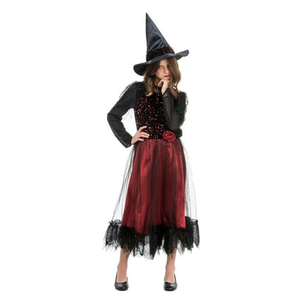 Disfraz de bruja Lucinda para mujer, rojo burdeos y negro