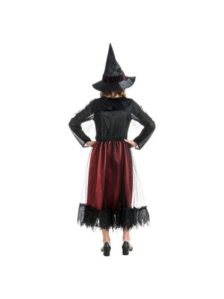 Disfraz de bruja Lucinda para mujer, rojo burdeos y negro