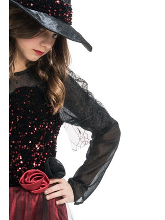Disfraz de bruja Lucinda para mujer, rojo burdeos y negro