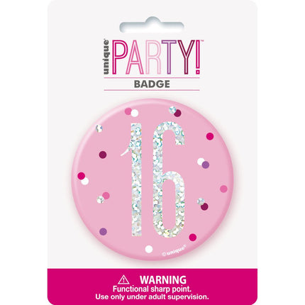 Button 16 Jaar Roze 7cm van Unique koop je bij Partywinkel