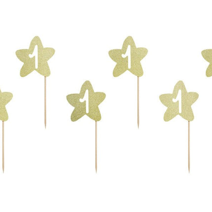 Caketoppers 1 Jaar Goud 6st van Partydeco koop je bij Partywinkel