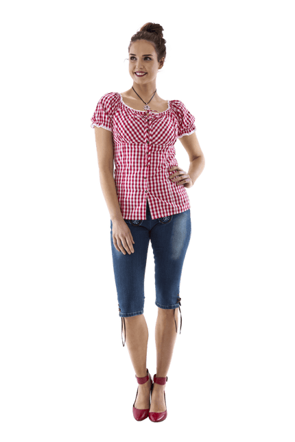 Carmenblouse rood - wit ruit, striklint van Haus Huberts koop je bij Partywinkel