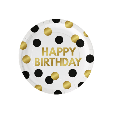 Platos Feliz Cumpleaños Puntos Dorados Negros 23cm 8pcs