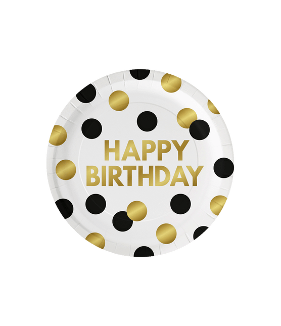 Platos Feliz Cumpleaños Puntos Dorados Negros 23cm 8pcs