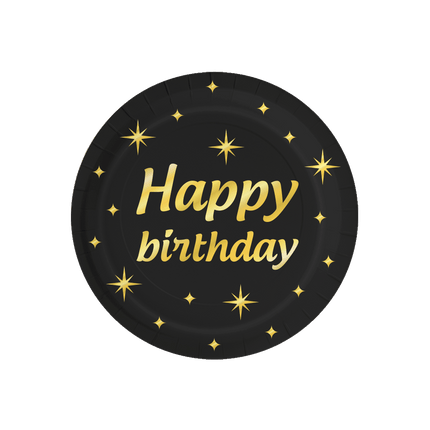Platos Feliz Cumpleaños Oro Negro 23cm 8pcs