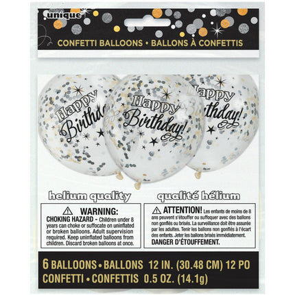Confetti Ballonnen Happy Birthday Zwart 30cm 6st van Unique koop je bij Partywinkel
