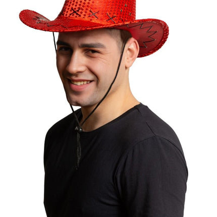Cowboy Hoed Pailletten Rood van Partychimp koop je bij Partywinkel