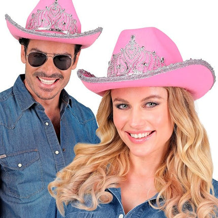 Cowboyhoed Partygirl Met Tiara Roze van Widmann koop je bij Partywinkel