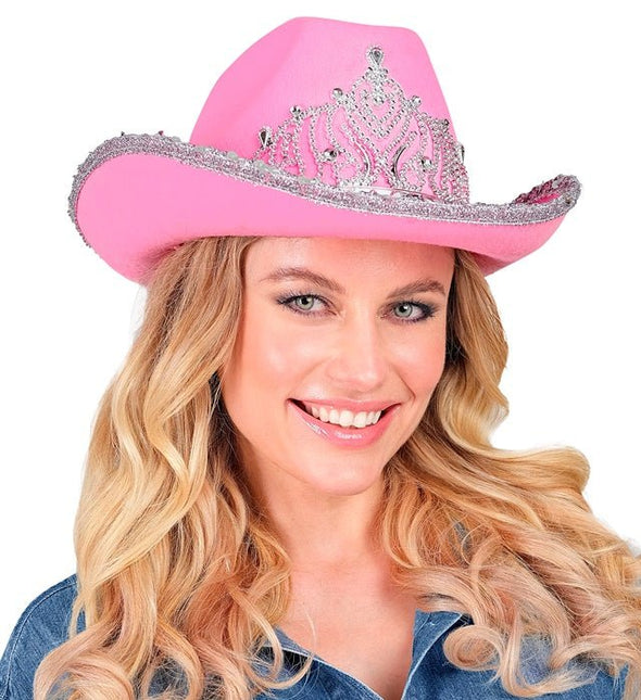 Cowboyhoed Partygirl Met Tiara Roze van Widmann koop je bij Partywinkel