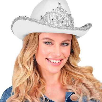 Cowboyhoed Partygirl Met Tiara Wit van Widmann koop je bij Partywinkel