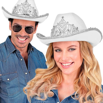 Cowboyhoed Partygirl Met Tiara Wit van Widmann koop je bij Partywinkel