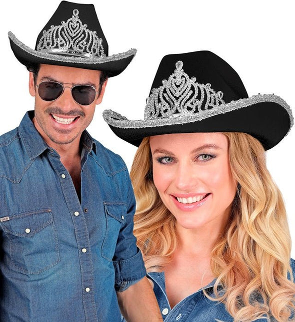 Cowboyhoed Partygirl Met Tiara Zwart van Widmann koop je bij Partywinkel