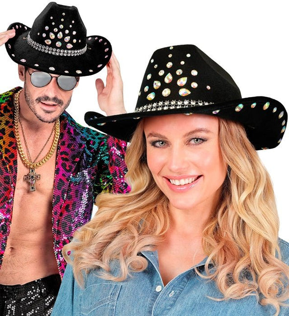 Cowboyhoed Zwart Met Diamanten van Widmann koop je bij Partywinkel