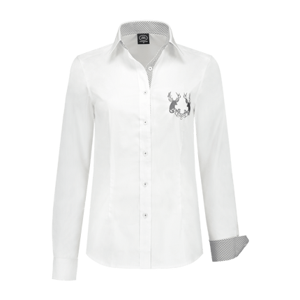 Damesblouse wit, grijs karo, hert borduur op borst van Haus Huberts koop je bij Partywinkel