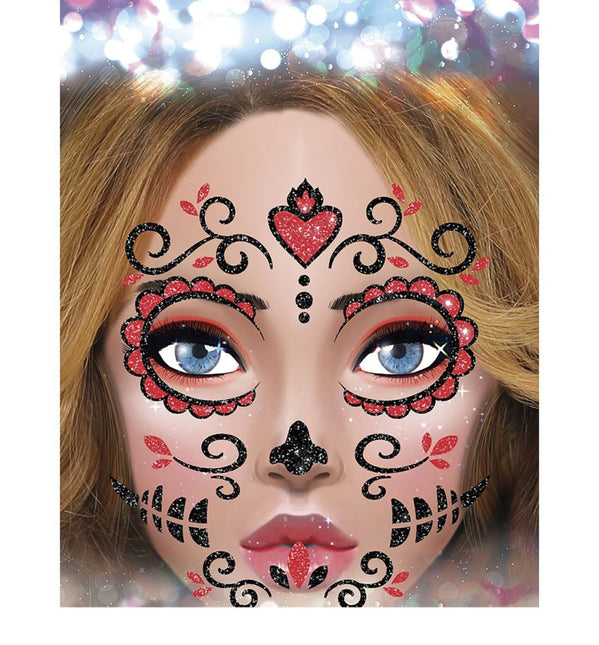 Dia De Los Muertos Gezicht Stickers Glitter 20cm van Fiestas Guirca koop je bij Partywinkel