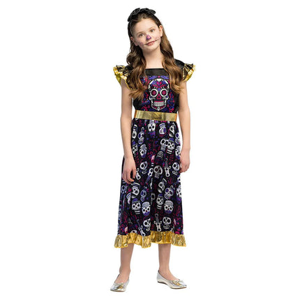 Dia De Los Muertos Jurk Meisje Ruffel Mouwen van Boland koop je bij Partywinkel