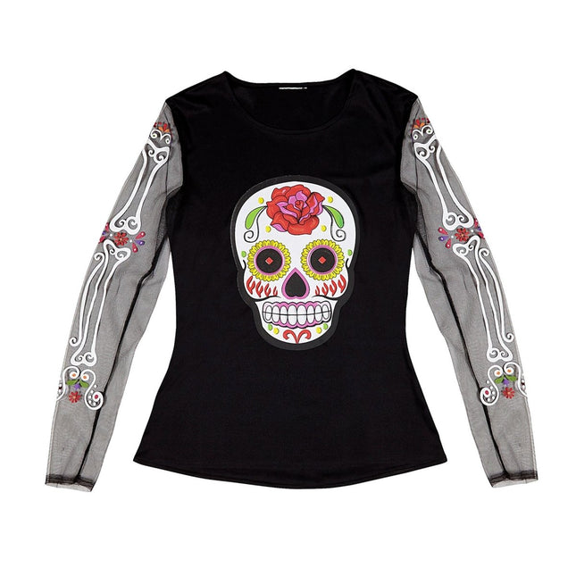 Dia De Los Muertos Shirt Zwart Wit Dames van Widmann koop je bij Partywinkel