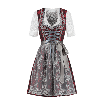 Dirndl de 2 piezas, rojo/gris plateado, delantal de encaje