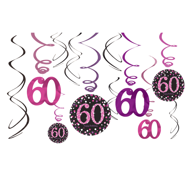 Decoración Colgante 60 Años Feliz Cumpleaños Rosa 63.5cm 12pcs