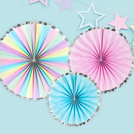 Abanicos de Papel de Colores Set Unicornio 21-30cm 3 piezas