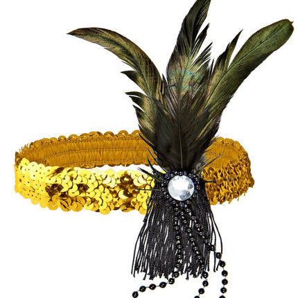 Diadema Oro Lentejuelas Con Plumas