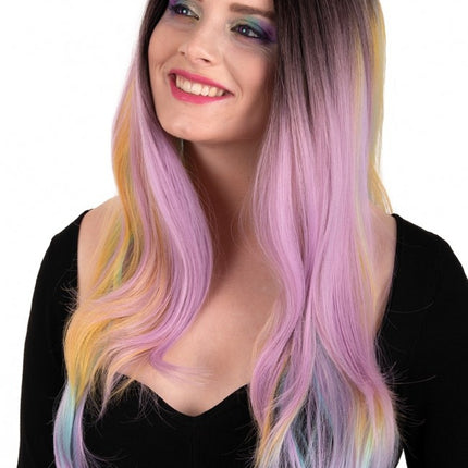Peluca Selena Larga Con Rizos Arco Iris Pastel