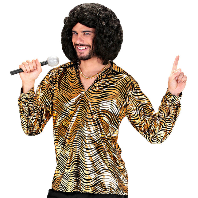 Camisa Disco 70S Oro Estampado Tigre Hombre