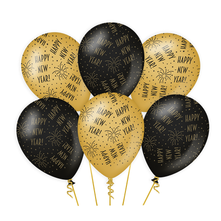 Globos Feliz Año Nuevo Oro Negro 30cm 6pcs