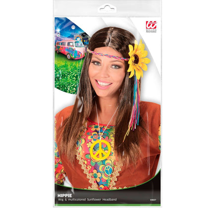 Peluca Hippie 60S Marrón Con Diadema Girasol