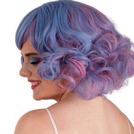 Peluca Arlene Corta Con Rizos Azul Pastel Y Rosa