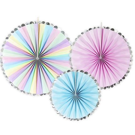 Abanicos de Papel de Colores Set Unicornio 21-30cm 3 piezas