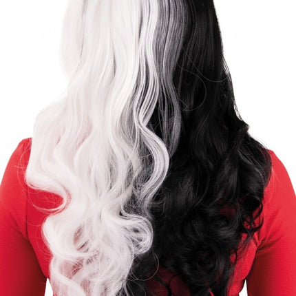 Peluca Selena Larga Con Rizos Negra Y Blanca Con Un Lok Blanco