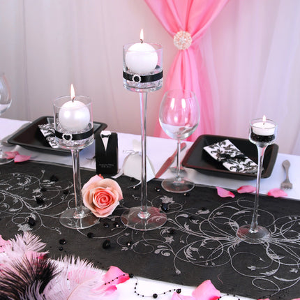 Tela Organza Negra Flores Plateadas 36cm 9m