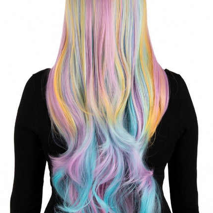 Peluca Selena Larga Con Rizos Arco Iris Pastel