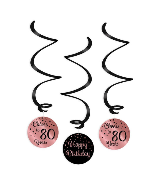 Colgante Decoración 80 Años Feliz Cumpleaños Negro Rosa 17cm 3pcs