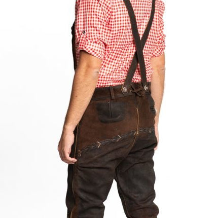 Lederhose Cuero Largo Marrón Oscuro Cosido y Tirantes
