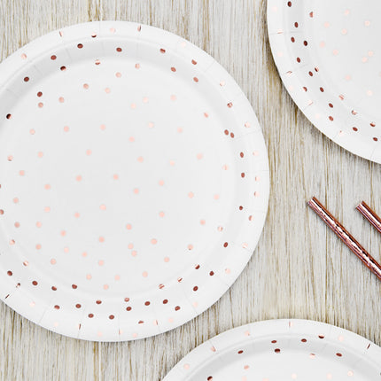 Platos Blancos Lunares Oro Rosa 18cm 6pcs